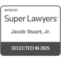 Super Lawyers 2025 badge recognizing attorney Jacob Stuart Jr. for excellence in legal practice, selected by SuperLawyers.com