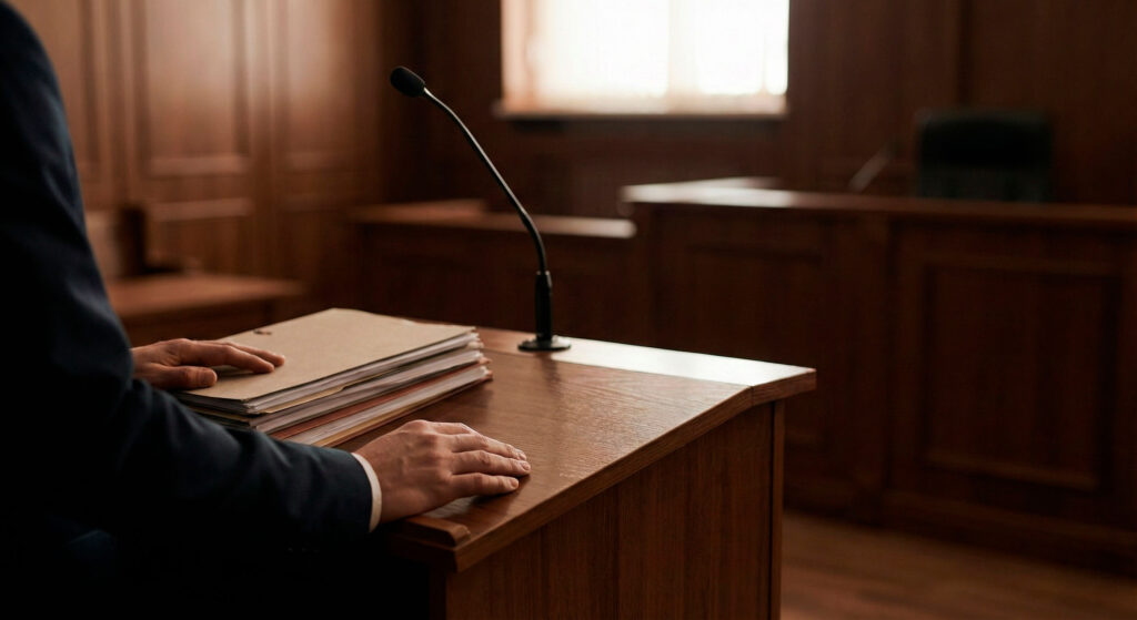 Abogado defensor contra el gobernador en el estrado del tribunal con documentos legales durante un recurso de inconstitucionalidad que dio lugar a una orden judicial.