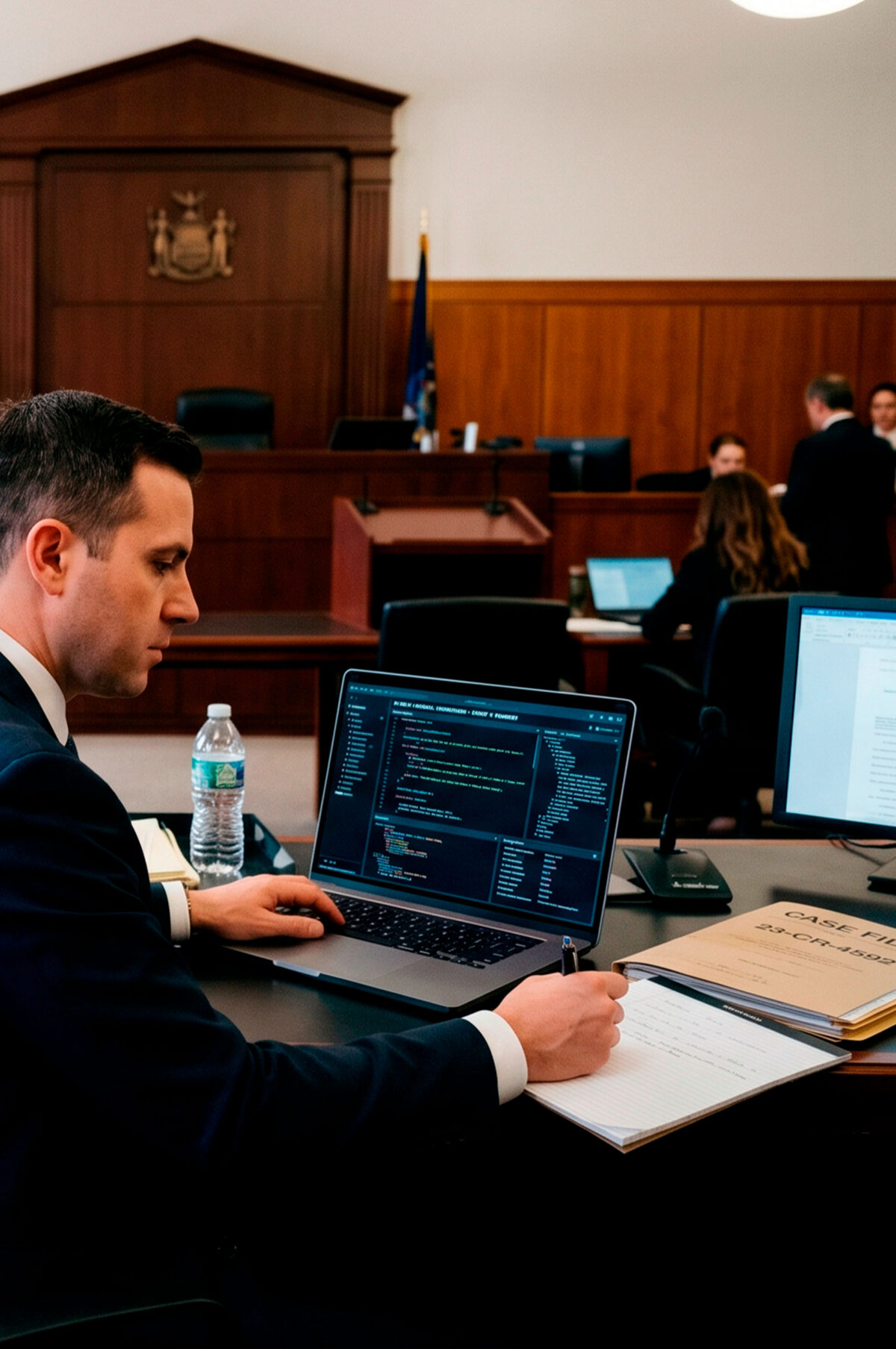 Abogado analizando expedientes judiciales y datos relacionados con la inteligencia artificial en una sala de audiencias