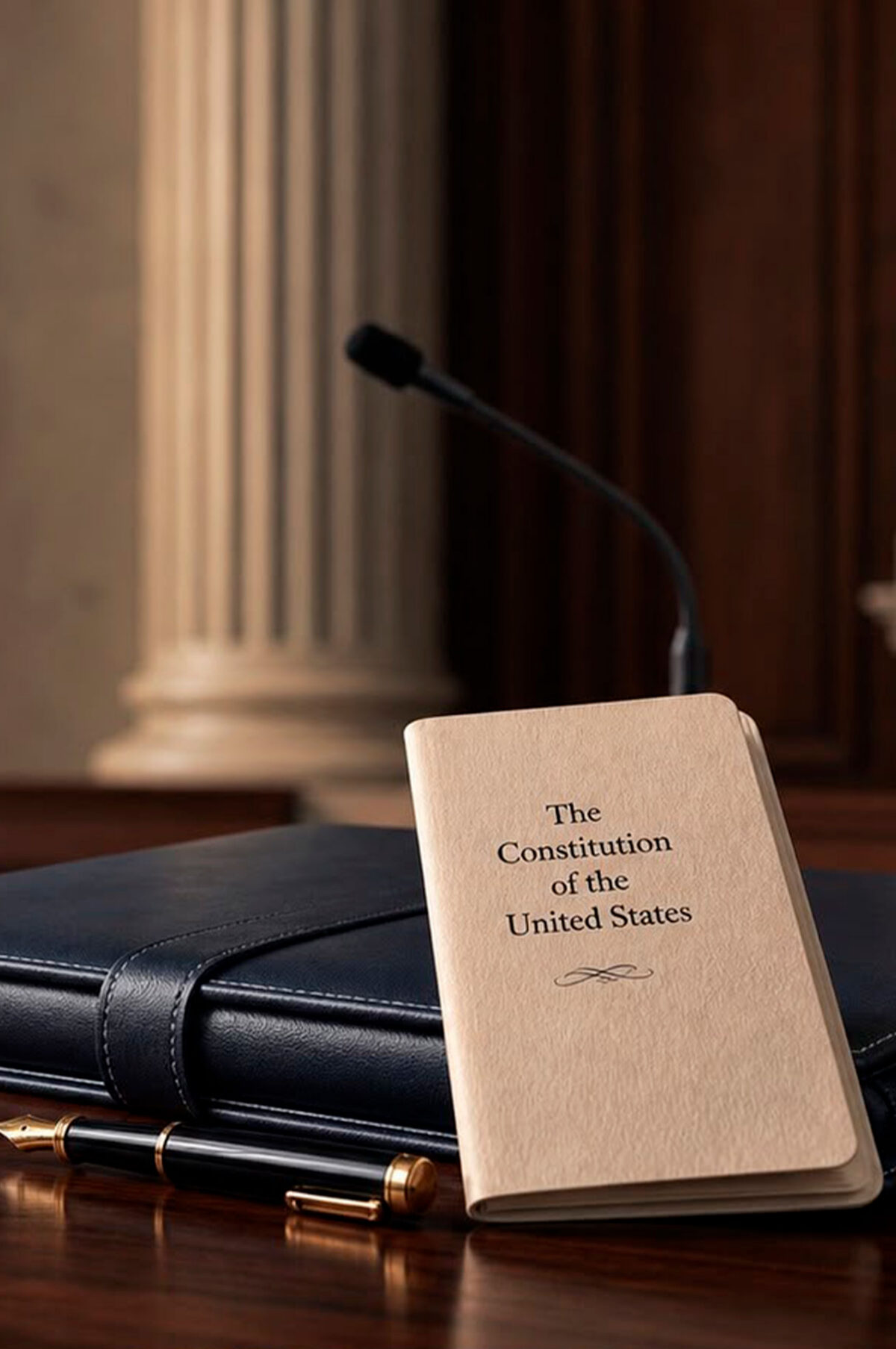 United States Constitution beside a legal portfolio in an empty courtroom