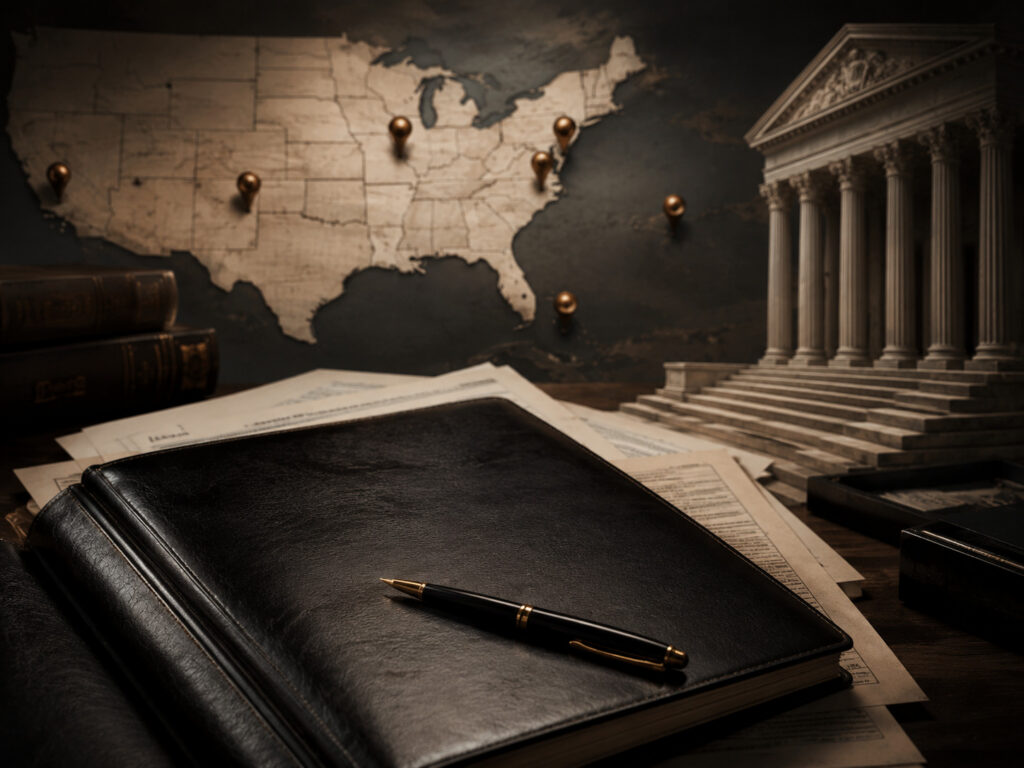 Mapa de Estados Unidos, juzgado y documentos legales que representan la representación en juicios a nivel nacional